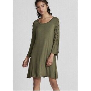 Express Y2K Womens Dress M Mini Grunge Boho Fairy Flowy Olive Green Lace Up NEW